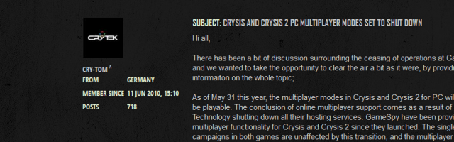 Crysis 1 & 2 Multiplayer to Cease With Gamespy