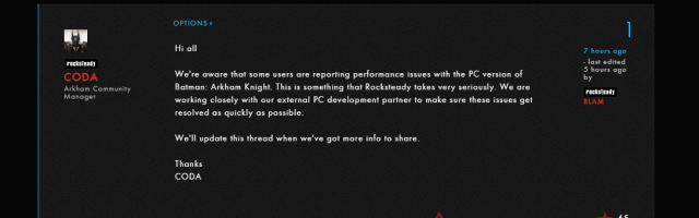 Rocksteady "Aware" of PC Problems