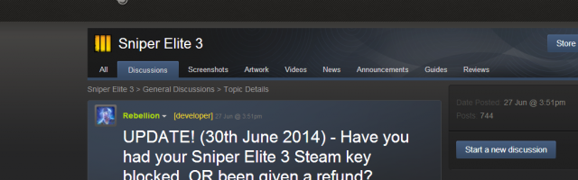 Over 7,000 Sniper Elite III Steam Keys Revoked