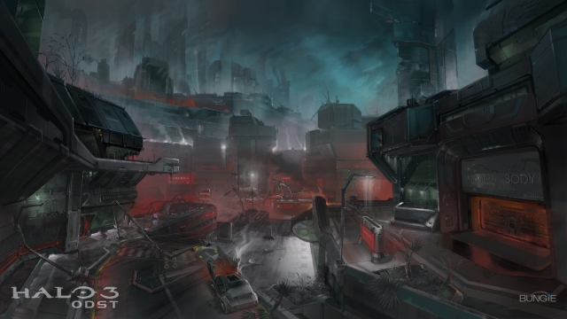 Halo 3 odst concept art destroyed city at night2
