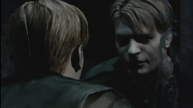 Image of James Sunderland staring into a mirror and at the player.
