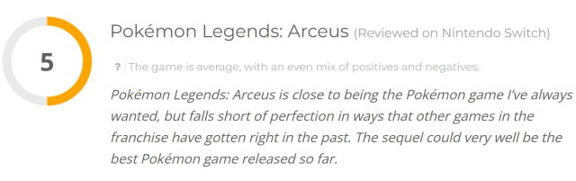Pokemon Legends Arceus Review Score