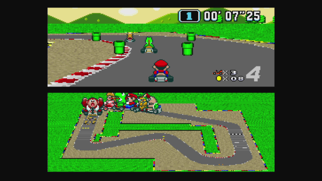 Mario races on the track, with a map underneath.