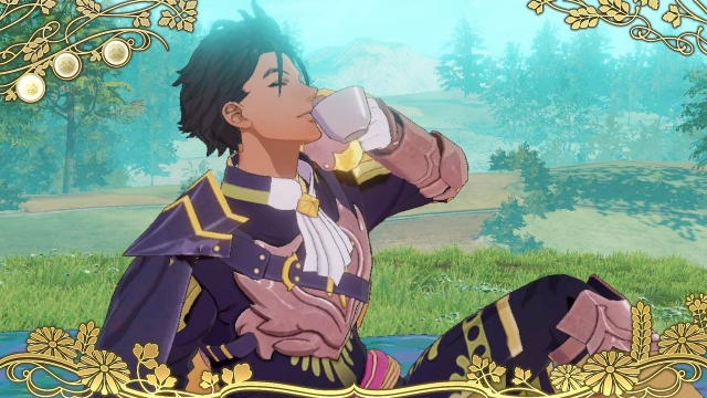 Claude drinking tea on an expedition