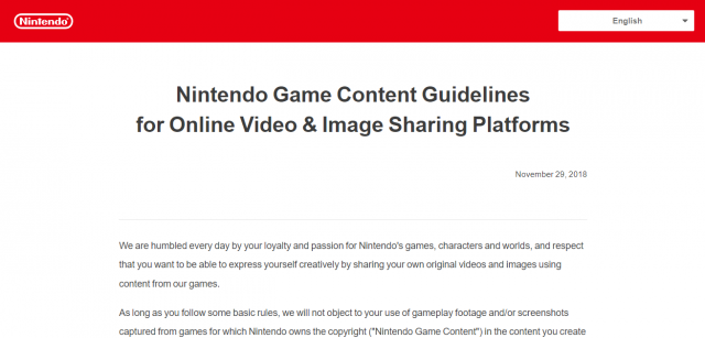 Nintendo Game Content Guidelines for Online Video Image Sharing Platforms