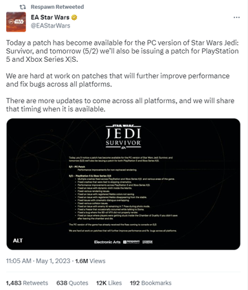 Jedi Survivor Receives First Patch Addressing Performance Issues