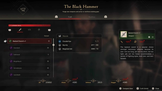 The menu in Blackthorne's shop, The Black Hammer, where you can craft new gear.