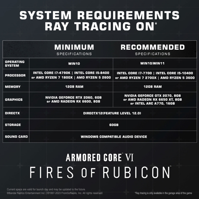 ARMORED CORE VI FIRES OF RUBICON SPECIFICATIONS SPECS RAY TRACING