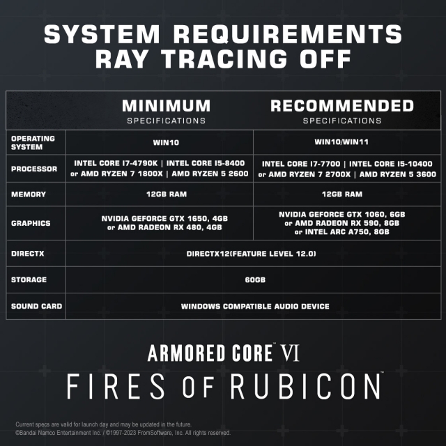 ARMORED CORE VI FIRES OF RUBICON SPECIFICATIONS SPECS
