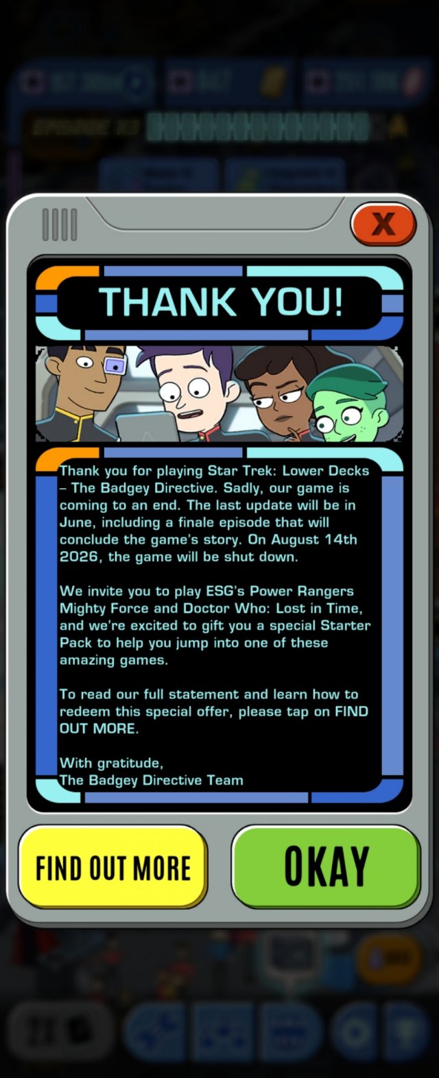 Star Trek Lower Decks Mobile Shutdown